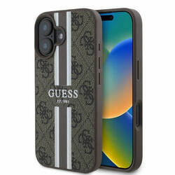 Etui Guess do iPhone 16 brązowy 4G Printed Stripes MagSafe