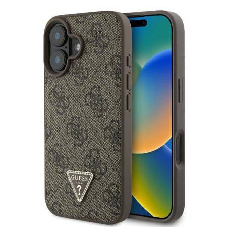 Etui Guess do iPhone 16 Plus brązowy Leather 4G Triangle Strass