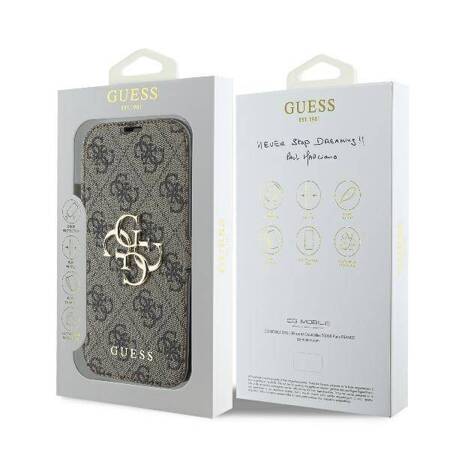 Etui Guess do iPhone 16 Plus brązowy book 4G Metal Logo