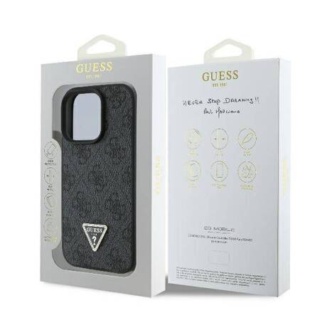 Etui Guess do iPhone 16 Pro Max czarny Leather 4G Triangle Strass