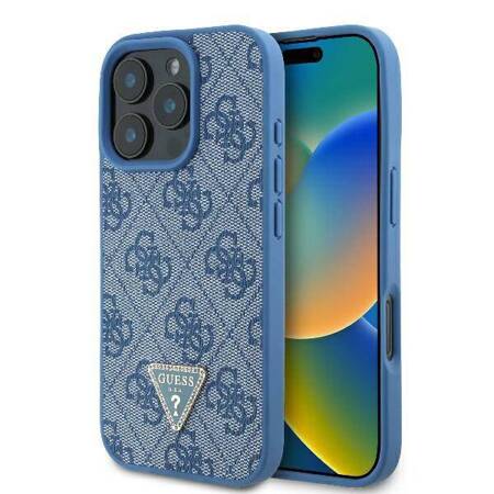 Etui Guess do iPhone 16 Pro Max niebieski Leather 4G Triangle Strass