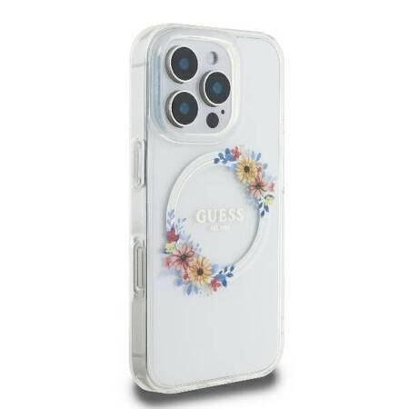 Etui Guess do iPhone 16 Pro Max przeźroczysty IML Flowers Wreath MagSafe