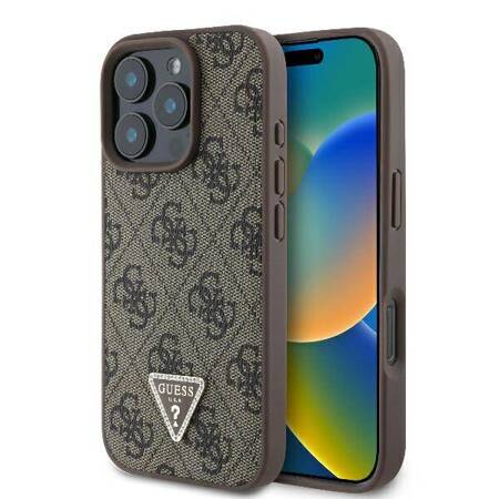 Etui Guess do iPhone 16 Pro brązowy Leather 4G Triangle Strass