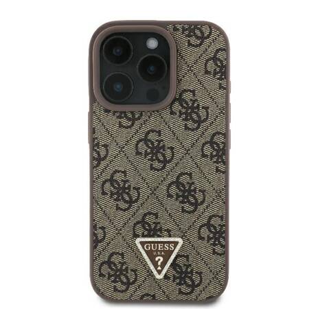 Etui Guess do iPhone 16 Pro brązowy Leather 4G Triangle Strass