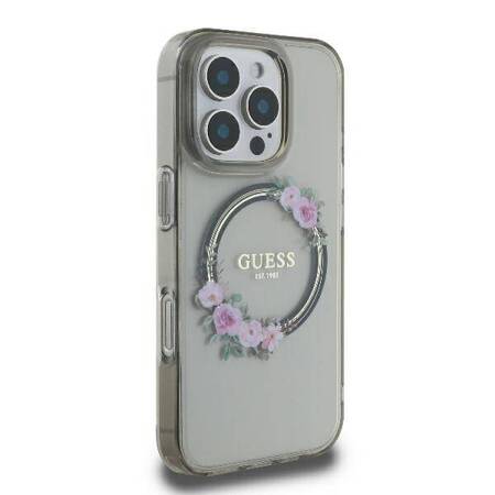 Etui Guess do iPhone 16 Pro czarny IML Flowers Wreath MagSafe