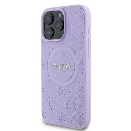 Etui Guess do iPhone 16 Pro fioletowy Saffiano Peony Classic Logo MagSafe