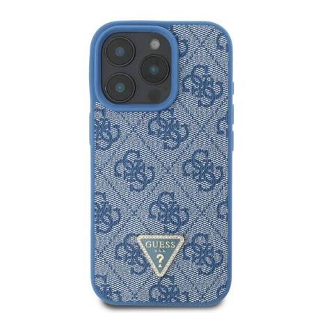 Etui Guess do iPhone 16 Pro niebieski Leather 4G Triangle Strass