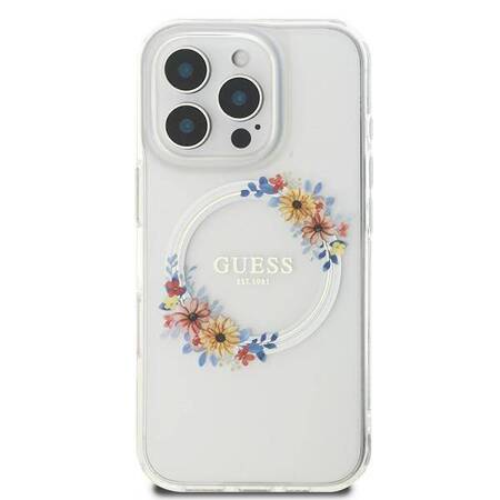 Etui Guess do iPhone 16 Pro przeźroczysty IML Flowers Wreath MagSafe