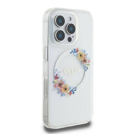 Etui Guess do iPhone 16 Pro przeźroczysty IML Flowers Wreath MagSafe