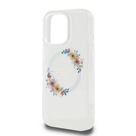 Etui Guess do iPhone 16 Pro przeźroczysty IML Flowers Wreath MagSafe