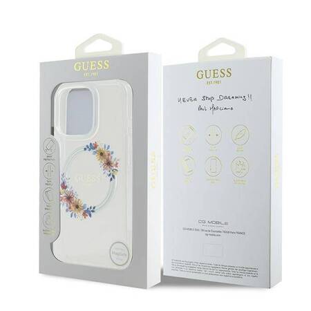 Etui Guess do iPhone 16 Pro przeźroczysty IML Flowers Wreath MagSafe