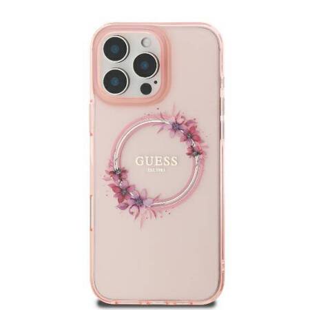 Etui Guess do iPhone 16 Pro różowy IML Flowers Wreath MagSafe