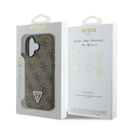 Etui Guess do iPhone 16 brązowy Leather 4G Triangle Strass