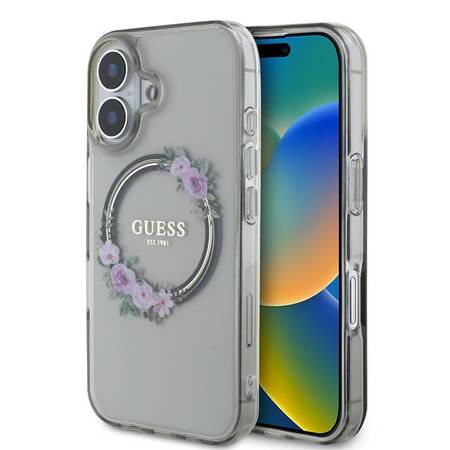 Etui Guess do iPhone 16 czarny IML Flowers Wreath MagSafe