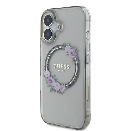 Etui Guess do iPhone 16 czarny IML Flowers Wreath MagSafe