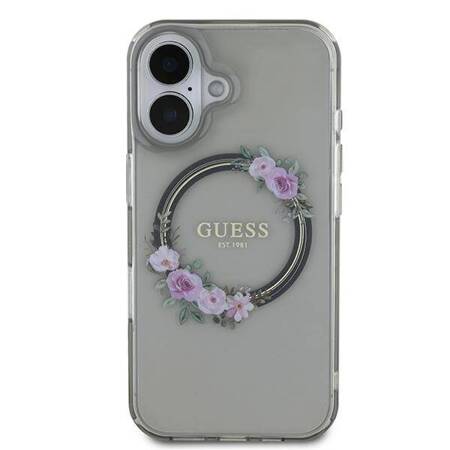 Etui Guess do iPhone 16 czarny IML Flowers Wreath MagSafe